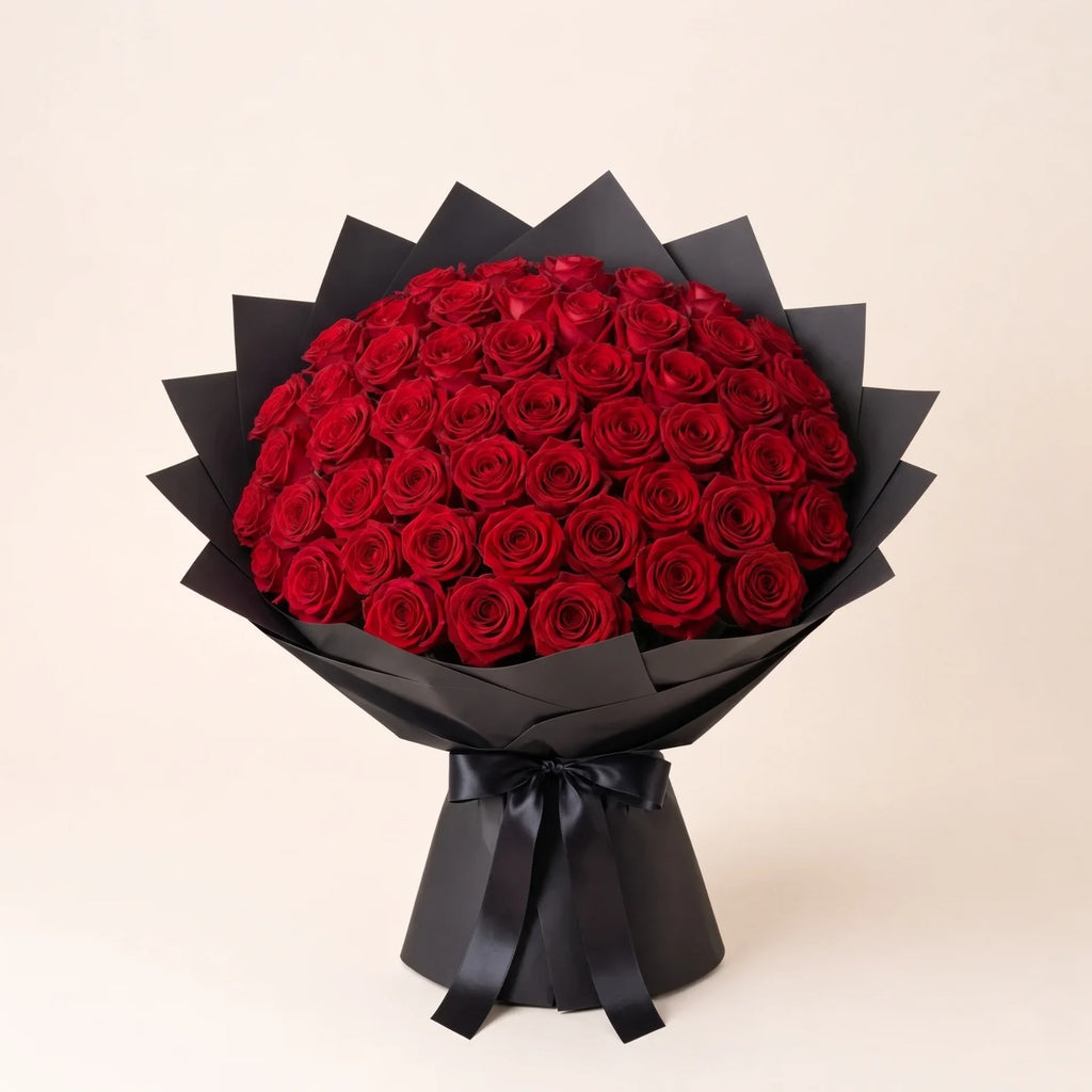 Classic Red Roses in Black Paper — 50 roses