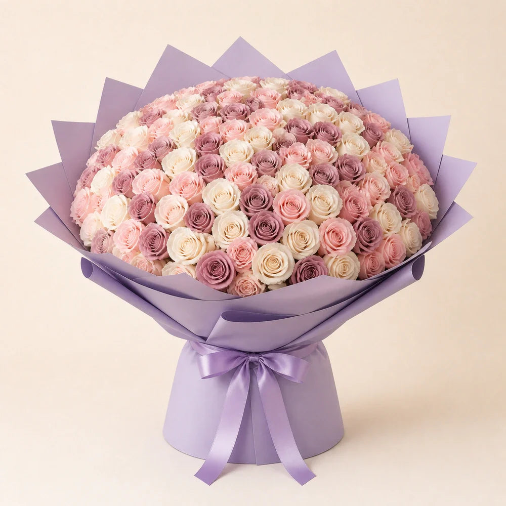 Blush, White & Mauve Roses — 100 roses