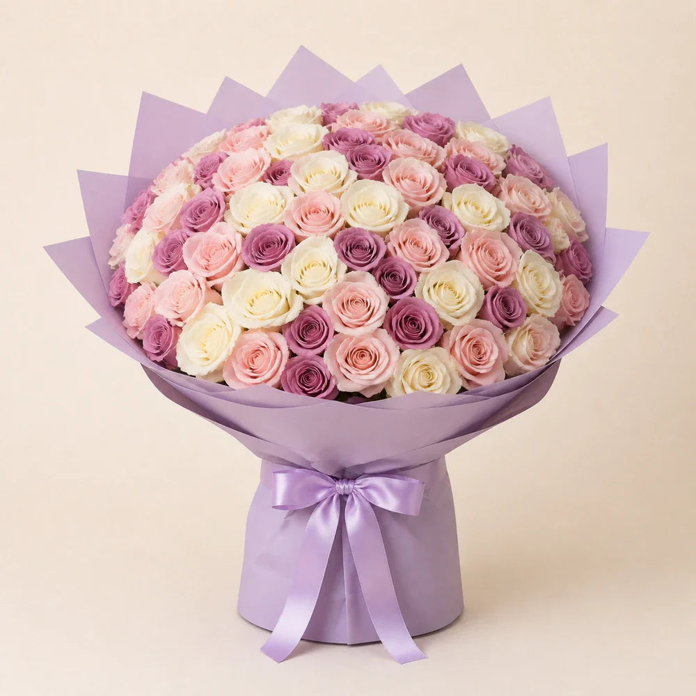 Blush, White & Mauve Roses — 75 roses
