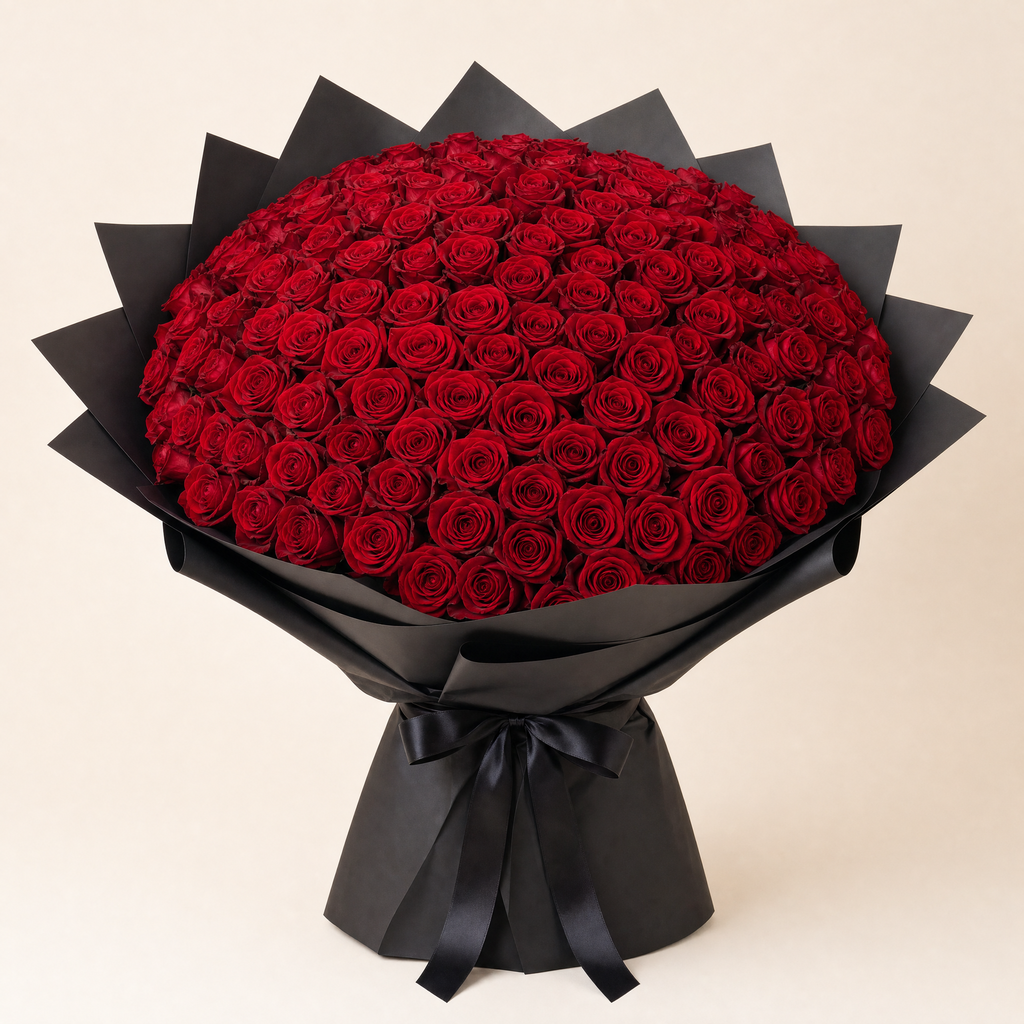 Classic Red Roses in Black Paper — 100 roses