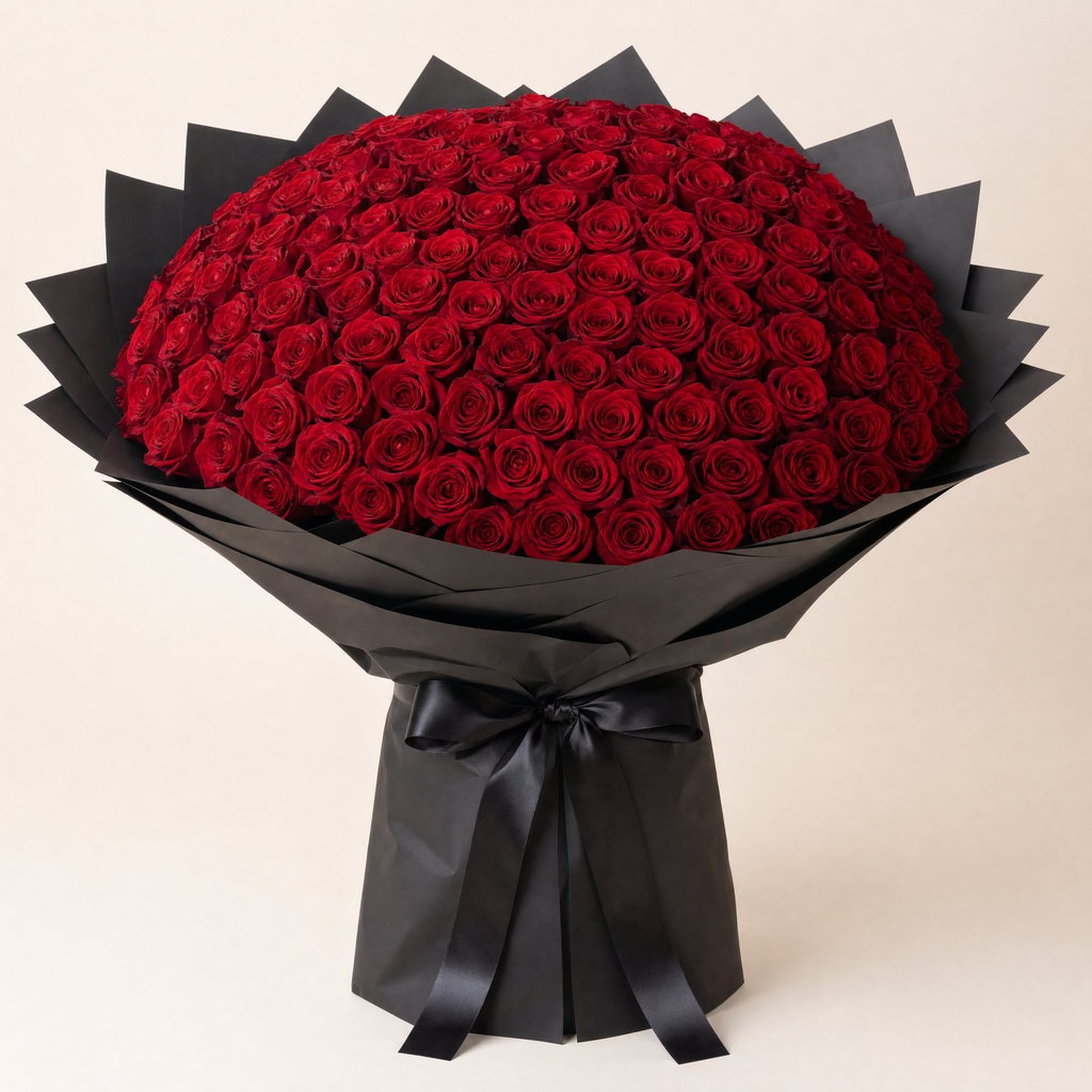 Classic Red Roses in Black Paper — 150 roses