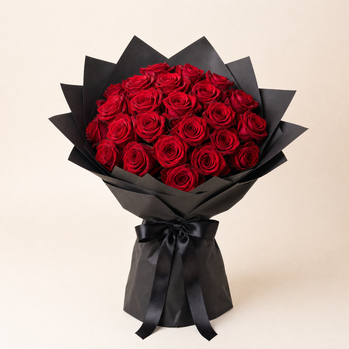 Classic Red Roses in Black Paper — 25 roses
