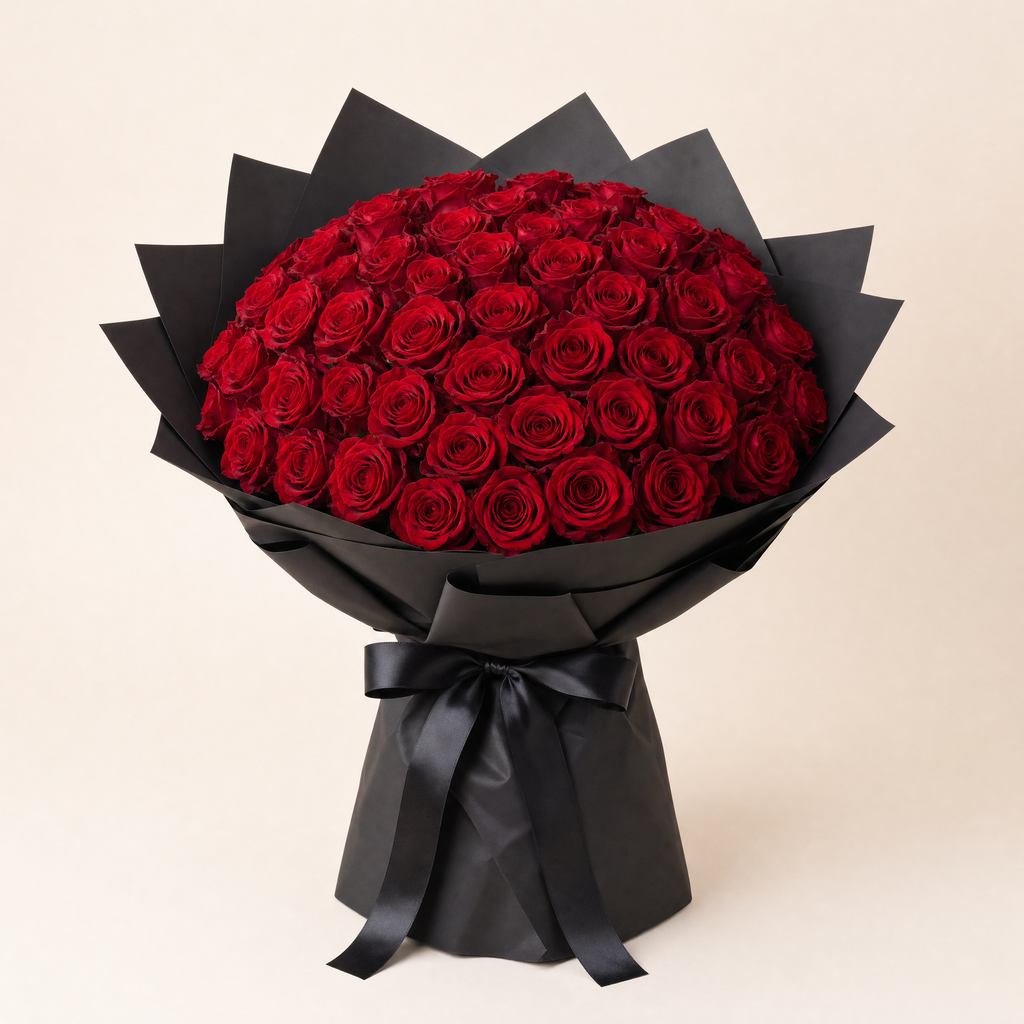 Classic Red Roses in Black Paper — 75 roses