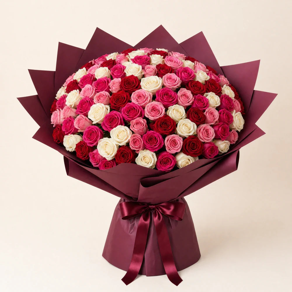 Hot Pink, Light Pink, White & Red Roses — 100 roses