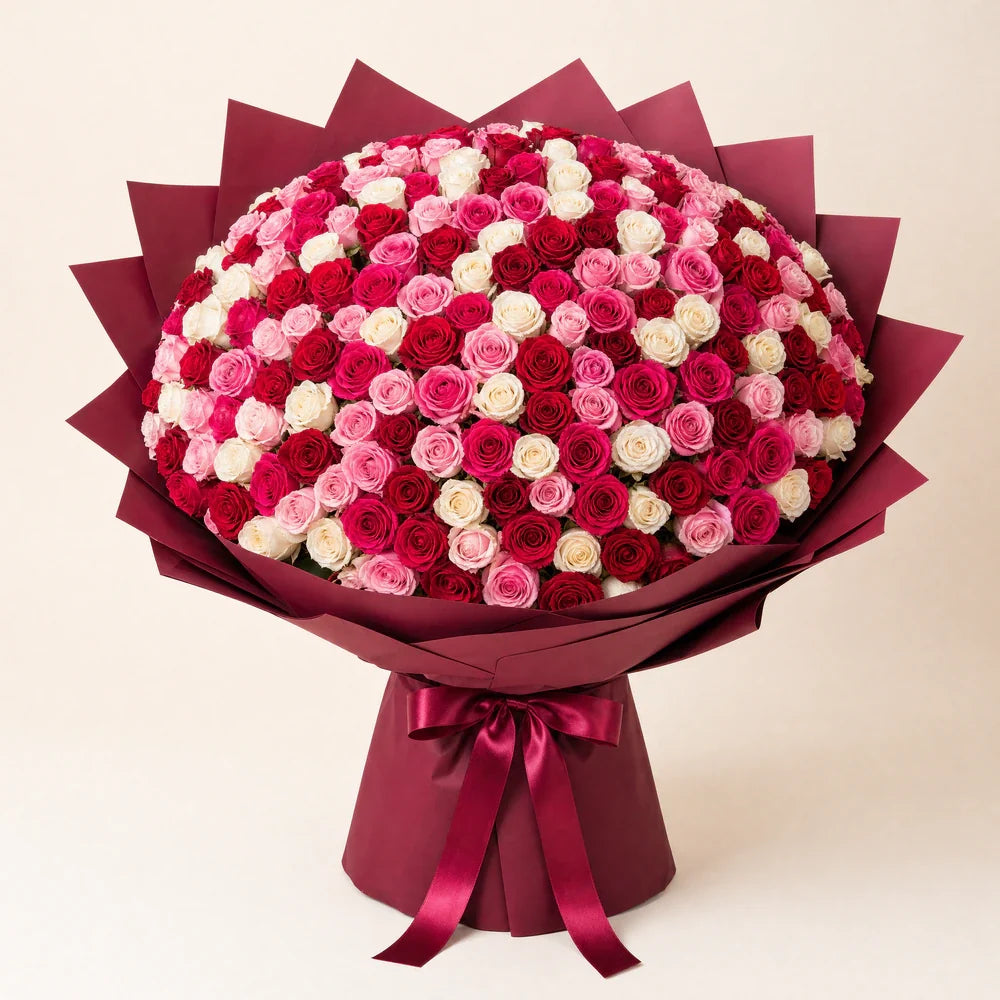Hot Pink, Light Pink, White & Red Roses — 150 roses