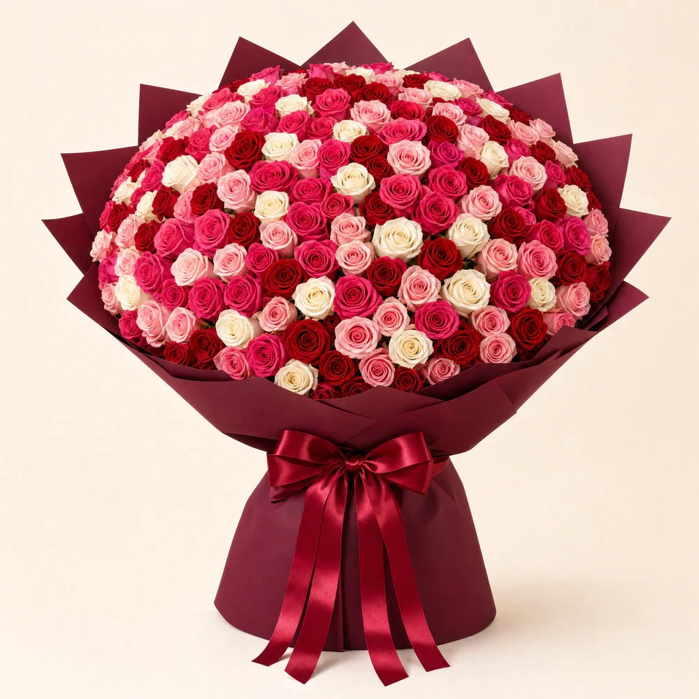 Hot Pink, Light Pink, White & Red Roses — 200 roses