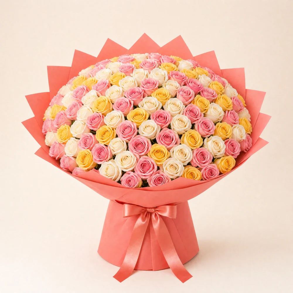 Pastel Pink, White & Yellow Roses — 100 roses