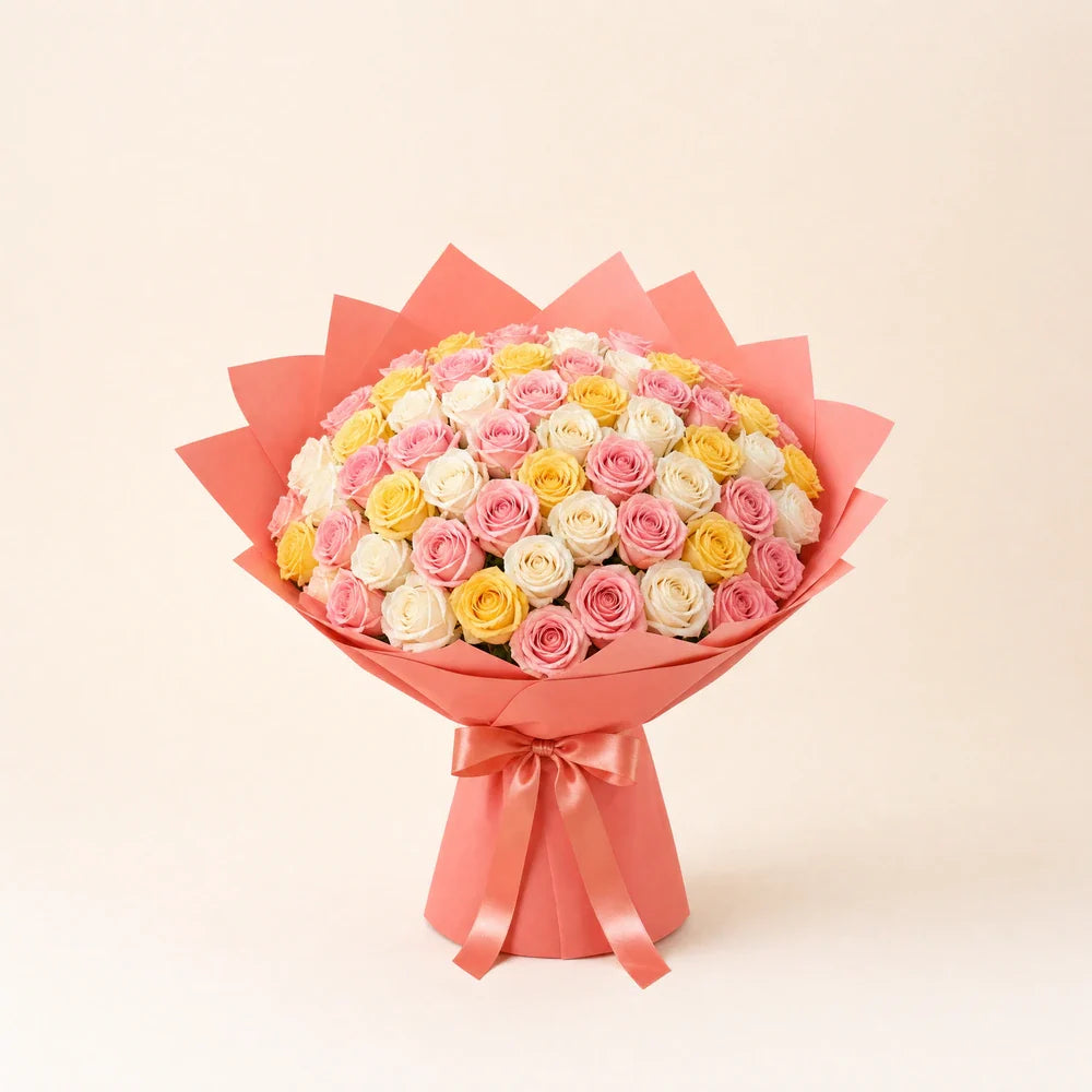 Pastel Pink, White & Yellow Roses — 75 roses