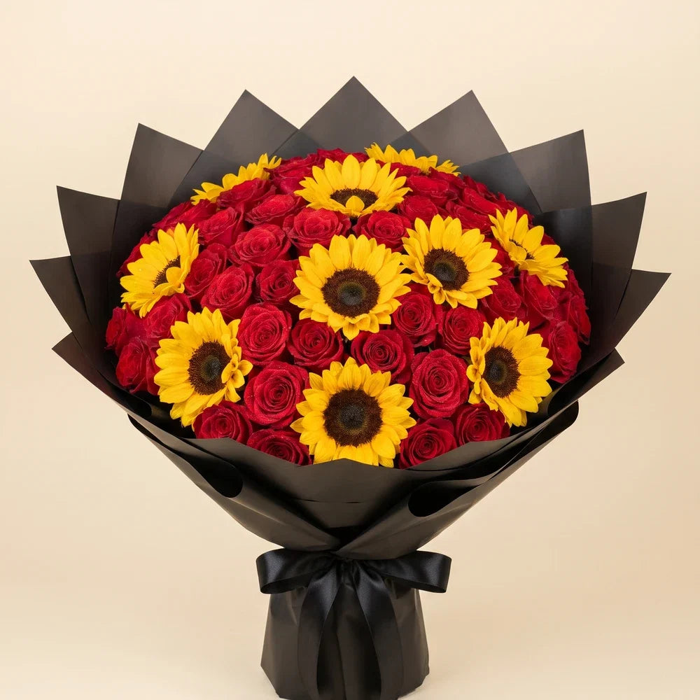 Sunflower & Red Rose Bouquet — 50 rose bouquet
